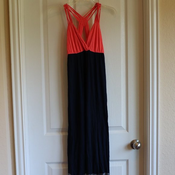 Pink Rose V Neck Strappy Coral Navy Gray Colorblock Maxi Racerback S - Picture 1 of 6